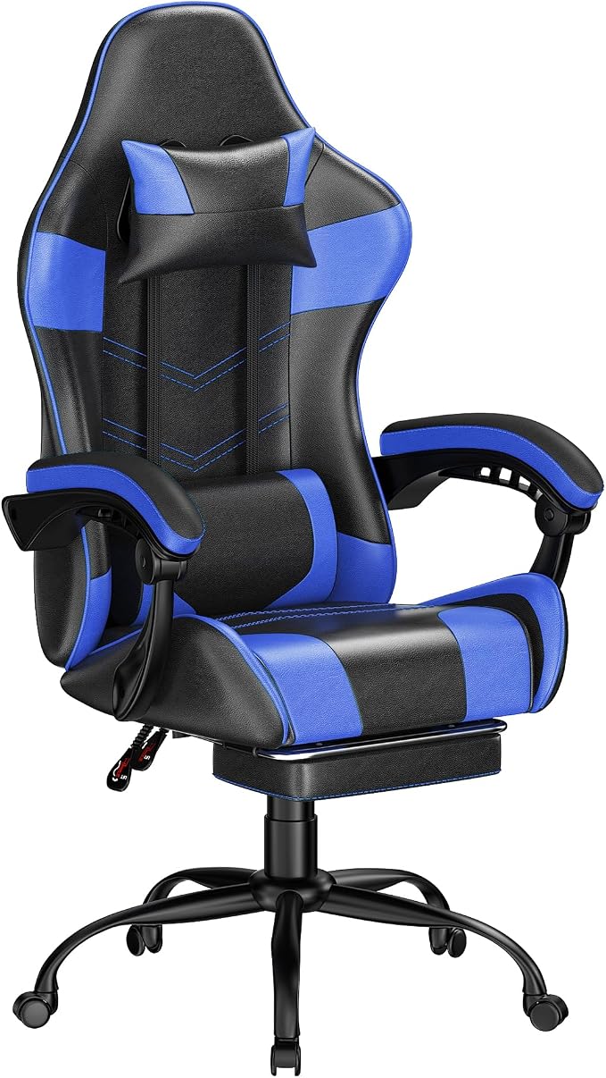 Gaming Chair with Footrest, Ergonomic Video Game Chair with Headrest and Lumbar Support, 400 lbs Adult Chair, Height Adjustable 360° Swivel High Back Reclining Computer Chair for Home Office (Blue)