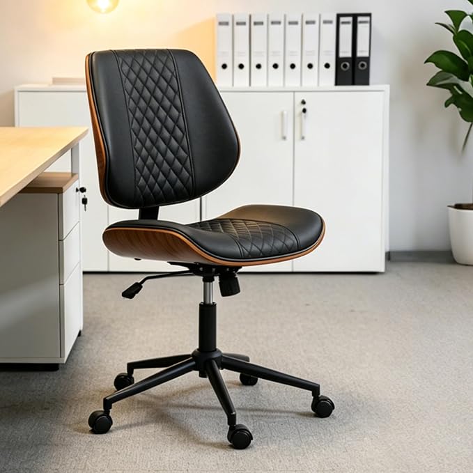 DYHOME Modern Walnut Home Office Chair with Wheels, Executive Office Desk Chair No Arms, Adjustable Height Small Desk Chair, Comfy PU, Deeper Cushion, Mid Back 360 Swivel Computer Chair, Black
