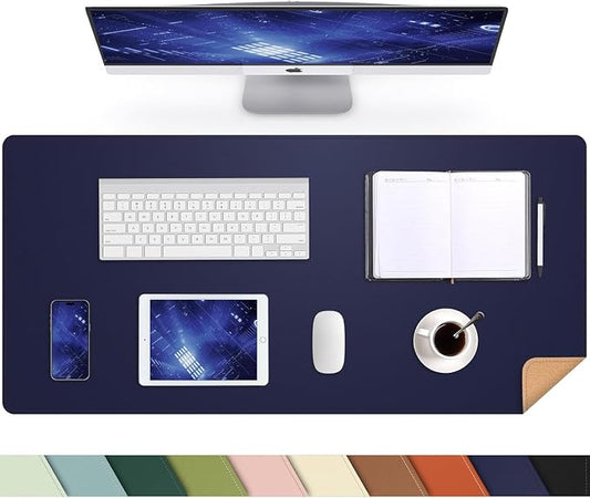 AFIING Desk Mat, Blue, 31.5" x 17", Cork Desk Pad Protector | Dual-Sided Cork & PU Leather, Waterproof, Non-Slip for Mouse Pad, Office, Home & Writing