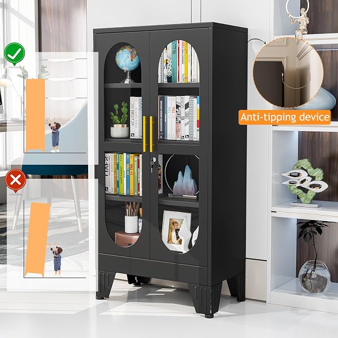 PAOFIN 47" H Locking Display Cabinet with Glass Door, Metal Cabinets with 3 Adjustable Shelves, Cabinet Display Case for Living Room, Collectibles, Clinic, Home - Assembly Required Black