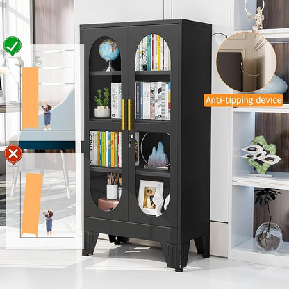 PAOFIN 47" H Locking Display Cabinet with Glass Door, Metal Cabinets with 3 Adjustable Shelves, Cabinet Display Case for Living Room, Collectibles, Clinic, Home - Assembly Required Black