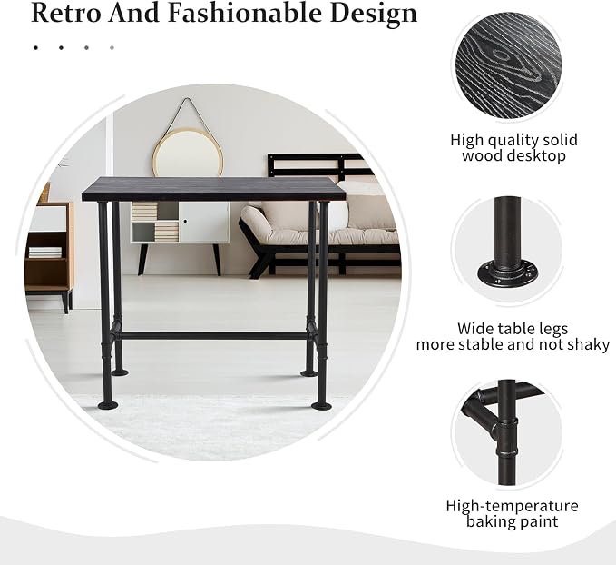 DIY Industrial Design Pipe Dining Table Casual Pub BAR Laptop Table Modern Studio Wood and Metal Rectangular Dining Table homeoffice Desk Breakfast high bar Table Walnut Desktop 47.3" × 23.6"