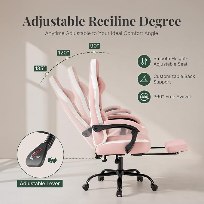 Computer Gaming Chair - High Back Ergonomic Desk Chair with Footrest and Lumbar Support, Height Adjustable Task Chair with Linkage Armrests and Headrest, 360° Swivel Wheels, Pink
