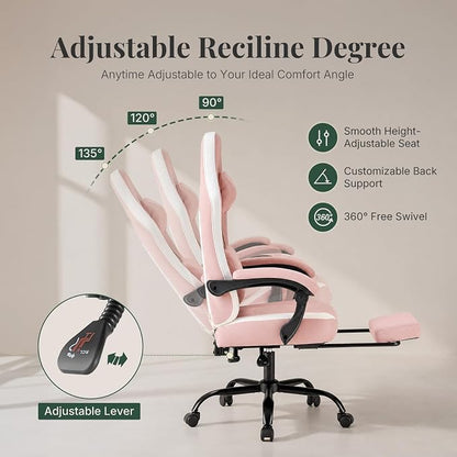 Computer Gaming Chair - High Back Ergonomic Desk Chair with Footrest and Lumbar Support, Height Adjustable Task Chair with Linkage Armrests and Headrest, 360° Swivel Wheels, Pink