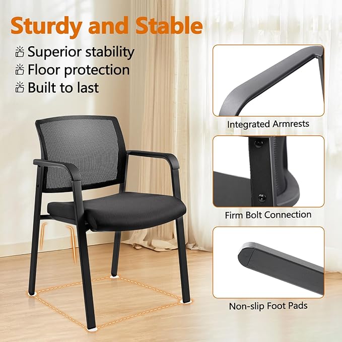 CLATINA Guest Reception Stacking Office Chairs with Arm, Mesh Back Waiting Room Chair with Upholstered Fabric Seat and Ergonomic Lumbar Support for Office Conference School Church, Black-2 Pack