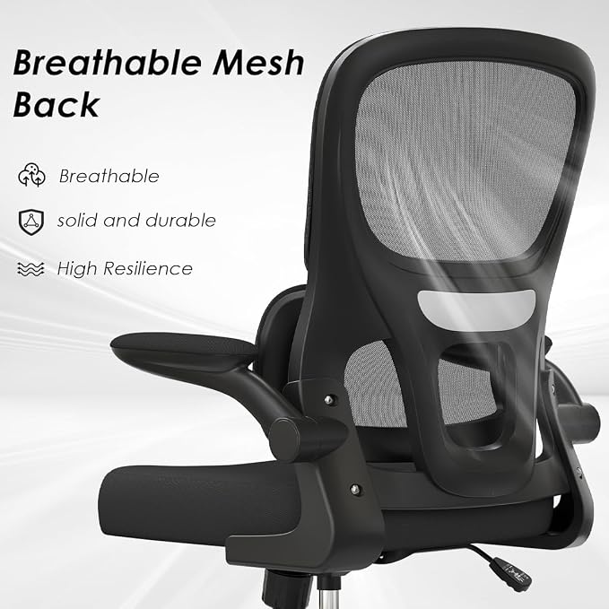 Soohow Office Chair, Mesh Ergonomic Office Chair with Lumbar Support, Comfy Swivel Computer Desk Chair with Flip Armrest Rolling Wheels for Home Study Room Office, Black & Black