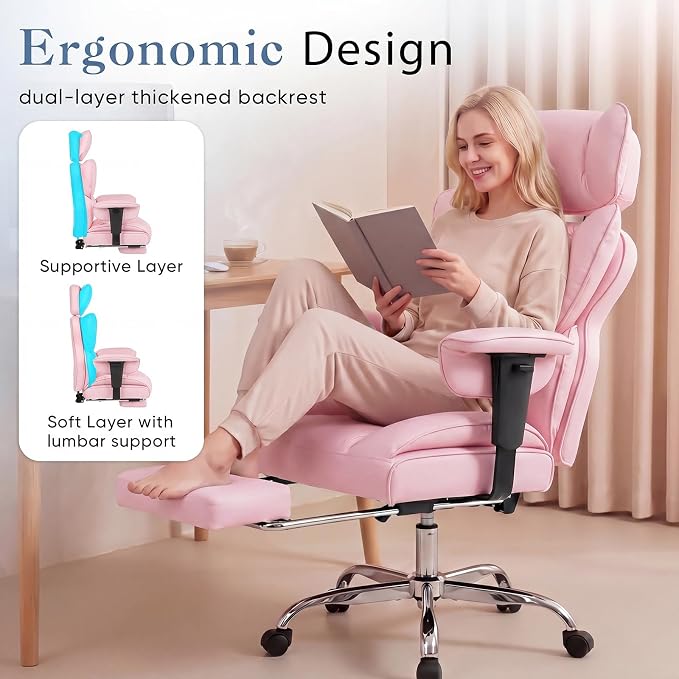 DUMOS Big and Tall Home Office Desk Chair, Ergonomic Executive Chair with Footrest, Computer Gaming Chairs with High Back Reclining, Adjustable Armrests and Comfy Lumbar Support, PU Leather, Pink