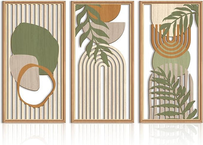 IARTTOP Large Boho Mid-century Modern Wood Wall Art 16x32 Inch Framed Green Abstract Leaf Wooden Wall Decor Bohemian Minimalist Geometric Wall Art Decor for Bedroom Living Room Office Set of 3