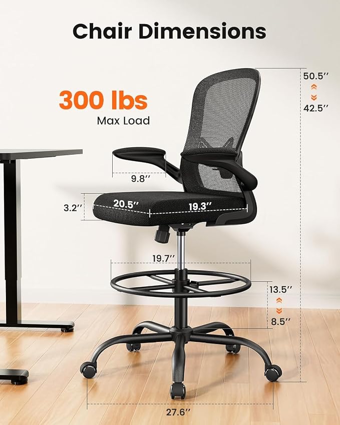 ErGear Drafting Chair, Standing Desk Chair with Flip-Up Armrests, High Desk Chair Adjustable Height, Ergonomic Tall Office Chair with Lumbar Support and Adjustable Footrest Ring
