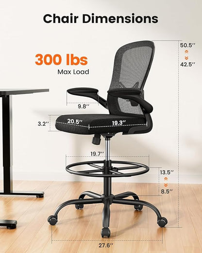 ErGear Drafting Chair, Standing Desk Chair with Flip-Up Armrests, High Desk Chair Adjustable Height, Ergonomic Tall Office Chair with Lumbar Support and Adjustable Footrest Ring,2 Pack