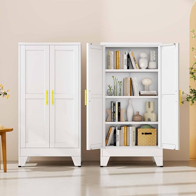 pozdeg 47.24" Tall Metal Storage Cabinet with 2 Doors & 3 Adjustable Shelves, Steel File Cabinet Multipurpose Organizer for Home Office Garage (White)