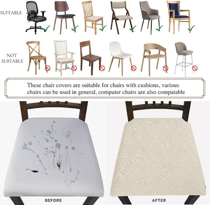 SearchI Water Repellent Seat Covers for Dining Chairs, 6 Pack Jacquard Stretch Dining Room Chair Seat Covers, Kitchen Chair Seat Covers Protectors(Beige Diamond)