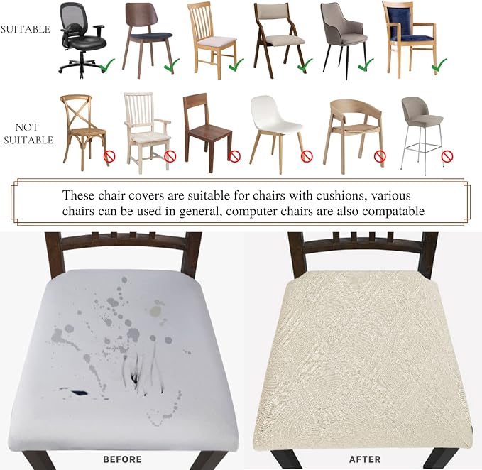 SearchI Water Repellent Seat Covers for Dining Chairs, 4 Pack Jacquard Stretch Dining Room Chair Seat Covers, Kitchen Chair Seat Covers Protectors(Beige Diamond)