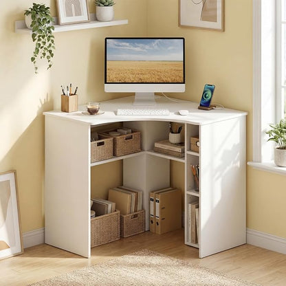 Tangkula White Corner Desk with Charging Station, 90-Degree Triangle Computer Desk with Ergonomic Curved Edge & Open Storage Shelves, Writing Study Desk for Small Spaces Home Office