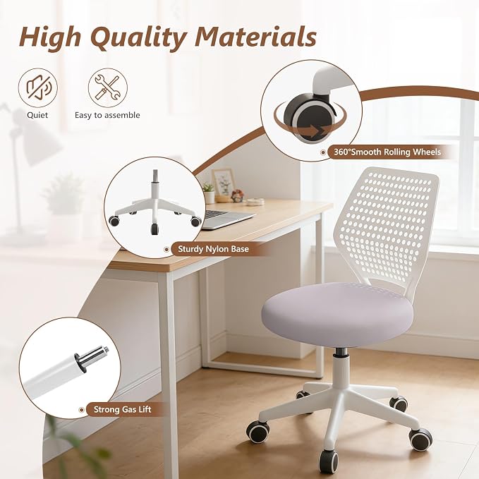 Small Office Chair with Wheels, Armless Desk Chair Height Adjustable Swivel Rolling Task Chair Breathable Mesh Ergonomic Computer Work Chair for Adult, Gray