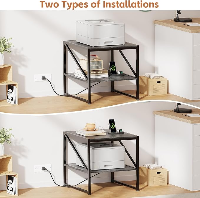 2-Tier Large Priner Stand with Charging Station, 20"×20" Under Desk Printer Table with Power Outlets and USB Ports for Home Office, Mini Fridge Stand, Storage Shelf for Scanner Fax Machine, Grey Oak