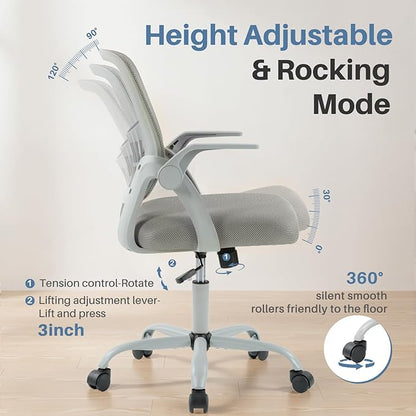 DUMOS Home Office Computer Chair - Ergonomic Mid Back Desk with Lumbar Support and Rocking Mode, Height Adjustable with Flip-up Armrest, for Conference Meeting Room, 360° Swivel, Adults, Grey