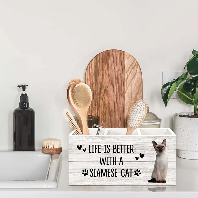 Siamese Cat Gifts Pen Holder for Desk, Gifts for SiameseCat Lovers Owners Pencil Organizer, Life is Better with A Siamese Cat Wood Pen Holder Desk Accessories Decor for Home Office