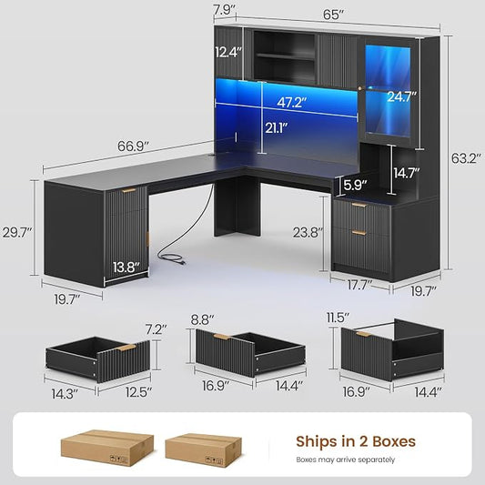 SEDETA 67" x 65" L Shaped Desk with Hutch, RGB LED Corner Computer Desk with Power Outlets, Fluted Home Office Desk with File Drawer, Storage & Glass Display Cabinets for Gaming & Working, Black