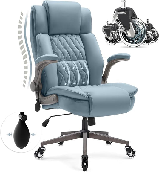 Large High Back Office Chair - Adjustable Lumbar Support Flip Up Arms Heavy Duty Quiet Wheels Metal Base Breathable Bonded Leather Ergonomic Executive Computer Desk Chair with Storage Bags, Blue