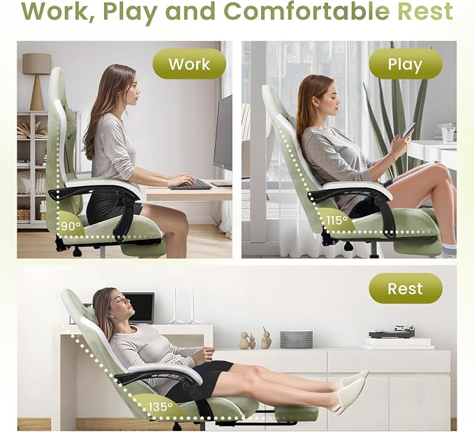 N-GEN GAMING Video Gaming Chair with Footrest Lumbar Support for Home Office High Back Recliner Height Adjustable Ergonomic Comfy Fabric Computer Desk Chair (Green)