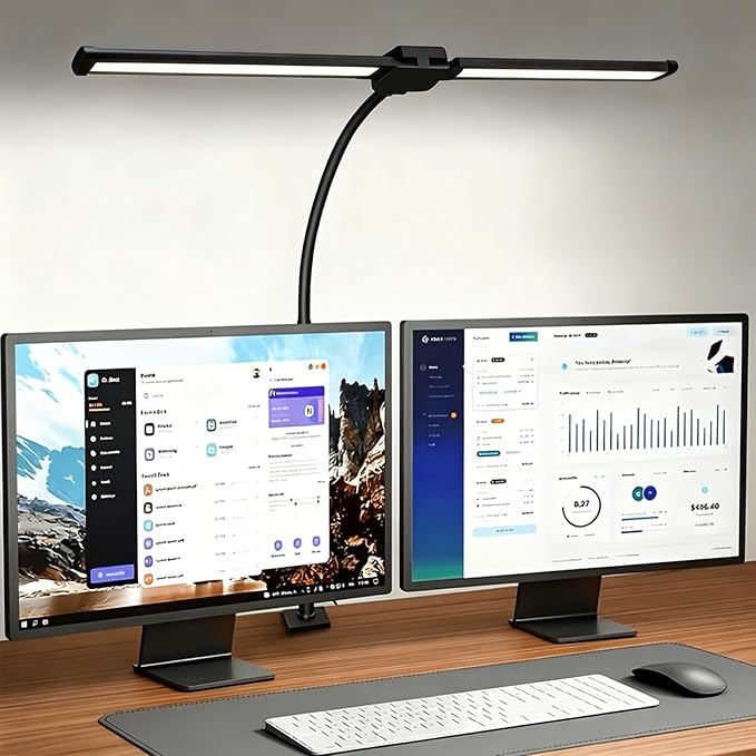 LED Desk Lamp for Home Office, Eye-Care Architect Light with Clamp, Double Head Computer Monitor Table Light with 3 Color Modes 10 Brightness, Adjustable for Reading, Study, Drafting, Workbench, Black