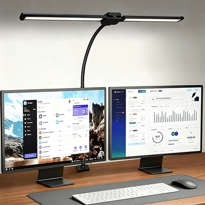 LED Desk Lamp for Home Office, Eye-Care Architect Light with Clamp, Double Head Computer Monitor Table Light with 3 Color Modes 10 Brightness, Adjustable for Reading, Study, Drafting, Workbench, Black