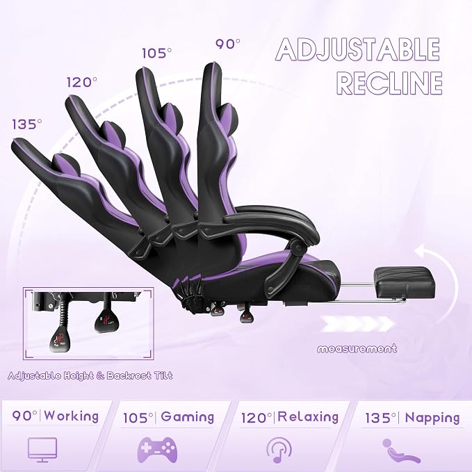 Shahoo Gaming Chair with Footrest and Massage Lumbar Support, Ergonomic Office Computer Seat Height Adjustable with Headrest, Purple