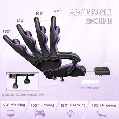 Shahoo Gaming Chair with Footrest and Massage Lumbar Support, Ergonomic Office Computer Seat Height Adjustable with Headrest, Purple