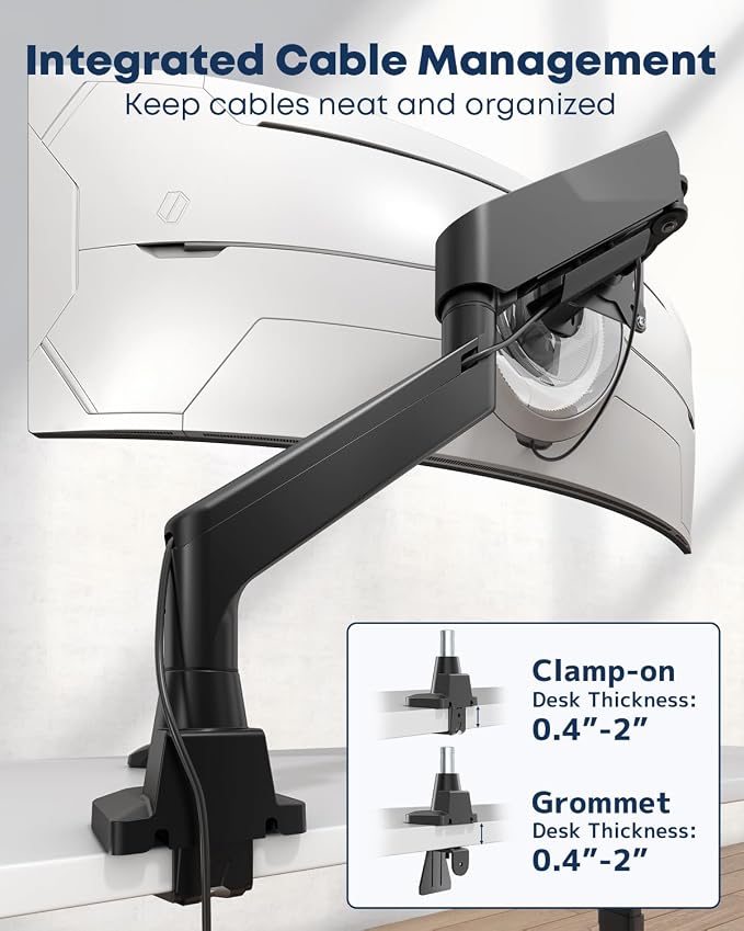 Ultrawide Monitor Arm - fits 17-49 inch Heavy Duty Flat/Curved Monitors, Full Motion Adjustable Gas Spring Arm Holds 35.2 lbs with Clamp & Grommet Desk Mount, VESA 75/100mm, Black