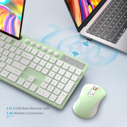 Wireless Keyboard and Mouse Combo, MARVO 2.4G Ergonomic Wireless Computer Keyboard with Phone Tablet Holder, Silent Mouse with 6 Button, Compatible with MacBook, Windows (Green)