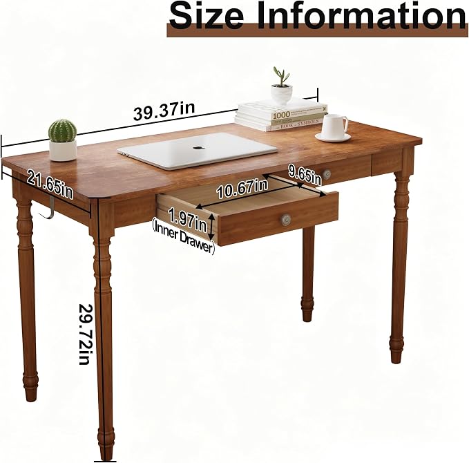 Solid Wood Writing Desk with Drawers - 39.4" Small Wood Vintage Desk, Mid Century Modern Desks, Wooden Computer Desks for Home Office, Traditional Vanity Dressing Table for Bedroom, Walnut
