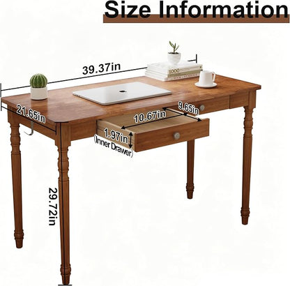 Solid Wood Writing Desk with Drawers - 39.4" Small Wood Vintage Desk, Mid Century Modern Desks, Wooden Computer Desks for Home Office, Traditional Vanity Dressing Table for Bedroom, Walnut