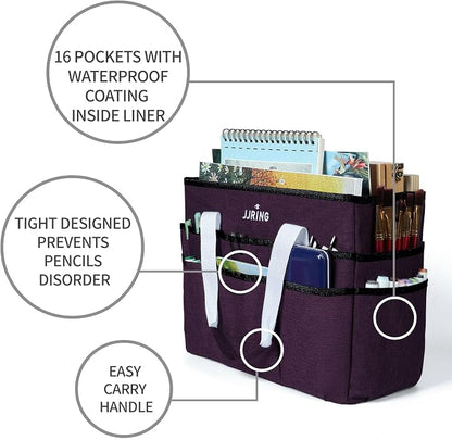JJRING Craft Organizer Tote Bag, Large Art Storage Caddy with Multiple Pockets, Deep Purple Sewing Bag for Art, Craft, Scrapbooking, Medical, and Office Supplies Storage
