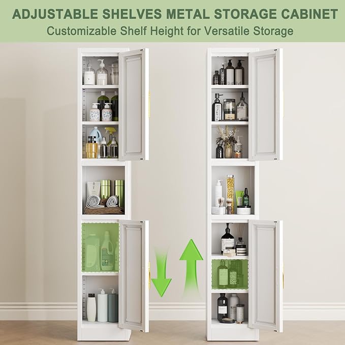 pozdeg 67" Tall Narrow Storage Cabinet Metal Bathroom Cabinet with 2 Doors & 4 Adjustable Shelves, Standing Pantry Cabinets Cupboard for Kitchen, Dining Room, Living Room and Bathroom (White)