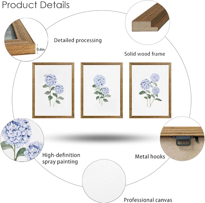 WRFON Blue Hydrangea Framed Wall Art Set of 3, Watercolor Floral Botanical Canvas Prints, Minimalist Flower Wall Decor for Dining Room Living Room Bedroom, Wood Frame 12x16 Inch