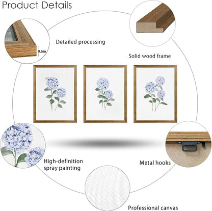 WRFON Blue Hydrangea Framed Wall Art Set of 3, Watercolor Floral Botanical Canvas Prints, Minimalist Flower Wall Decor for Dining Room Living Room Bedroom, Wood Frame 12x16 Inch