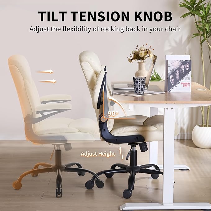 Home Office Ergonomic Desk Chair - Comfy Leather Executive Chair with Flip-Up Armrests, Height Adjustable Computer Chair for Gaming, 360° Swivel & Rocking (Beige)