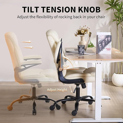 Home Office Ergonomic Desk Chair - Comfy Leather Executive Chair with Flip-Up Armrests, Height Adjustable Computer Chair for Gaming, 360° Swivel & Rocking (Beige)