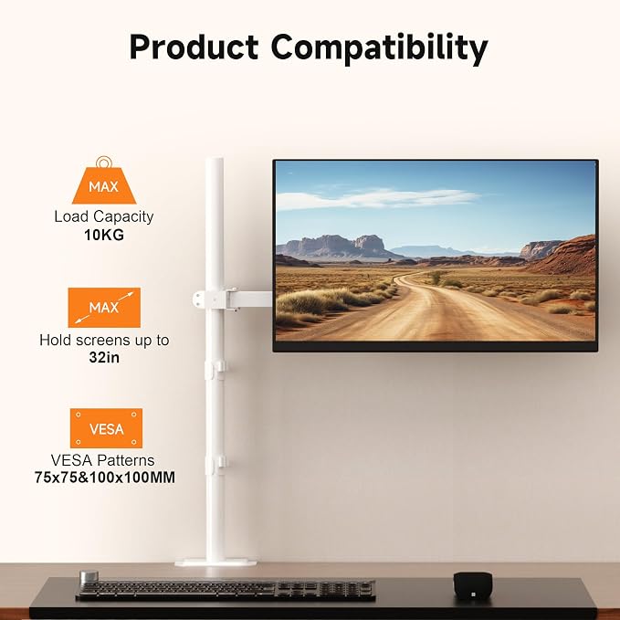 Bracwiser Single Fully Adjustable Standing Height Monitor Arm Stand Mount 800mm Tall for Monitor Computer Screen 13 15 17 19 20 22 23 24 26 27 30 32 inch VESA 75 100 (MD7821W)