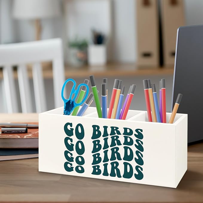 Football Fan Gifts Wooden Pen Pencil Holder for Office Desk Accessories, Gifts for Football Lovers Players, Go Birds Makeup Brush Toothbrush Holder Organizer