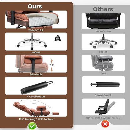 BESTFAIR Big and Tall Office Chair for Heavy People - 400 LBS Capacity Executive Chair with High Back & Footrest, Ergonomic Wide Padded Leather Seat Computer Gaming Chair, Terracotta Brown