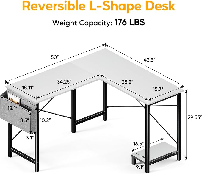 L Shaped Desk Gaming Computer 50 Inch Corner Desks Work Table for Writing Study Student with Wood Tabletop Metal Frame CPU Stand Side Bag for Home Office Small Place, White