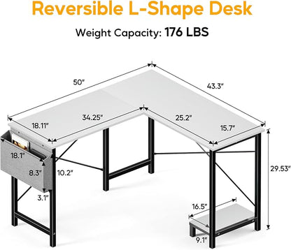 L Shaped Desk Gaming Computer 50 Inch Corner Desks Work Table for Writing Study Student with Wood Tabletop Metal Frame CPU Stand Side Bag for Home Office Small Place, White