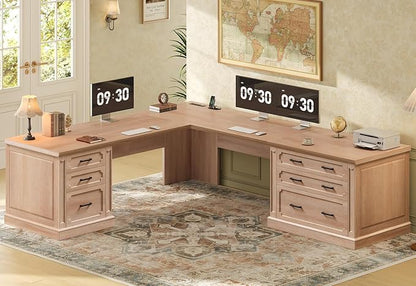 SEDETA Farmhouse 78.8" L Shaped Desk with 6 Drawers, Home Office Desk with Power Outlet, File Cabinet Storage, Wood Corner Computer Desk for Work and Study, Oak
