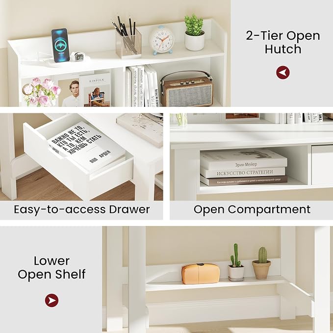 Giantex White Computer Desk with Hutch, Home Office Desk with Power Outlets, USB Ports, Type-C, Storage Shelf & Drawer, Modern Laptop PC Table Computer Workstation, Study Writing Desk for Bedroom