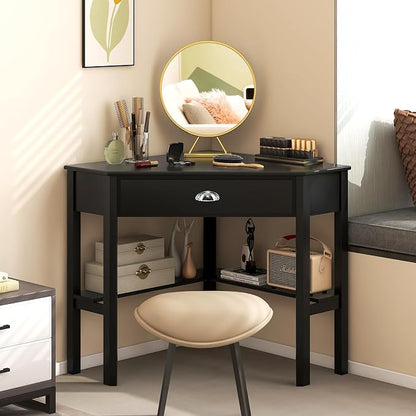 Nightcore Corner Desk for Small Space, Wood Corner Computer Desk, Compact Writing Table w/Drawer & Storage Shelves, Space Saving Study Workstation, Laptop PC Corner Table for Home Office