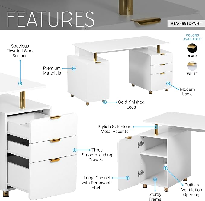 Elegant 57" W Executive Desk with 3 Drawers and Storage Cabinet, Modern Office Desk with Gold Accents, Floating Work Surface, Closed Storage with Ventilation & Adjustable Shelf (White,Gold)