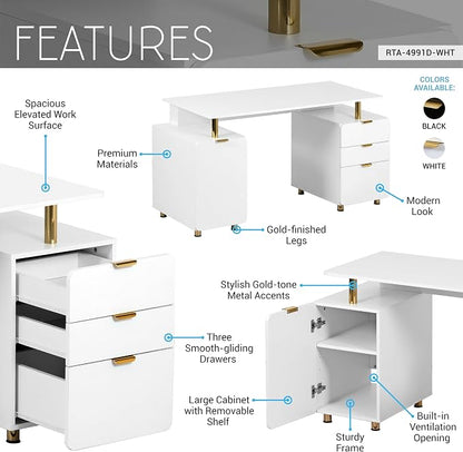 Elegant 57" W Executive Desk with 3 Drawers and Storage Cabinet, Modern Office Desk with Gold Accents, Floating Work Surface, Closed Storage with Ventilation & Adjustable Shelf (White,Gold)