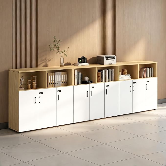 File Cabinet with Password Lock, Wood Lateral Filing Cabinet for Letter/A4 Files, 3 Drawer with Door, Printer Stand with Open Shelves for Home Office